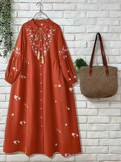 SHEIN Franclia 女士V领灯笼袖刺绣优雅长裙