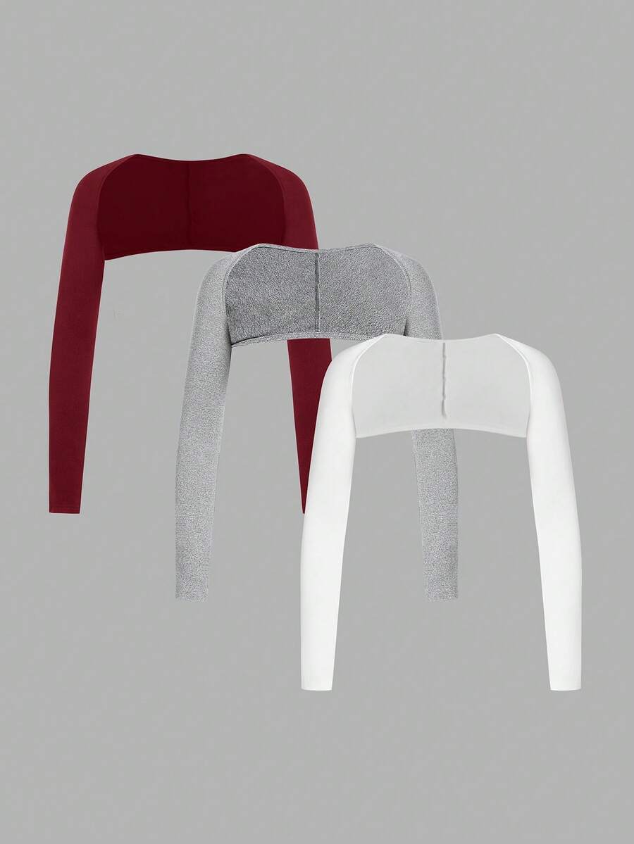 SHEIN BASICS 3件套休闲纯色针织圆领短款女式上衣 3件装上衣 长袖短款上衣 紧身上衣 女士长袖上衣 - 酒紅色 - 查看 1