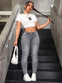 Rivivi Quần jeans dáng ôm cạp thấp, chất liệu wash, cỡ lớn, kiểu dáng thường ngày. - Xám - Xem 4