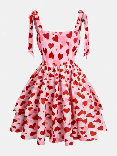 SHEIN Girlism Tween Girl Sleeveless Bow Tie Cute & Elegant Ruched Waist A-Line Layered Ditsy Floral Mesh Dress, Suitable For Outings, Gatherings, Spring/Summer, Vacation & Holidays