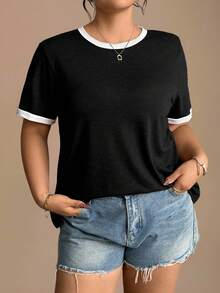 EMERY ROSE Damen Große Größen Lässig Alltags Pendler Kontrast Einfassung Kurzarm T-Shirt, Sommer - Verschiedenfarbig - Übersicht 1