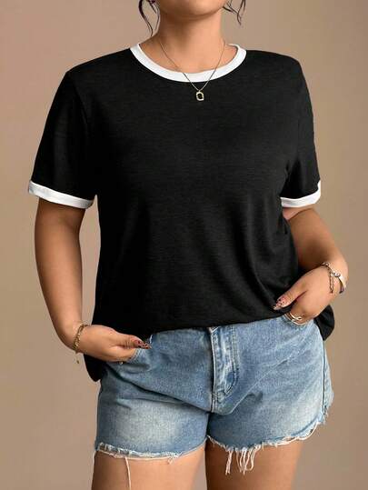 EMERY ROSE Camiseta de manga corta con ribete de contraste para mujer talla grande, casual y de uso diario, verano