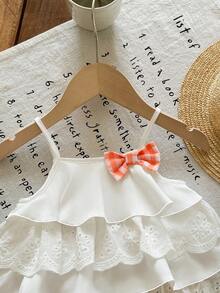 Babygirl Summer Cute Vacation Ruffle Camisole Top And Plaid Shorts Set - Orange - View 7