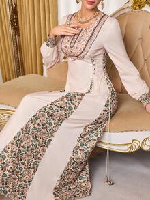 Al Najma Đầm dài tay cổ tròn kiểu Ả Rập phối màu tương phản dành cho nữ - Nhiều màu - Xem 6