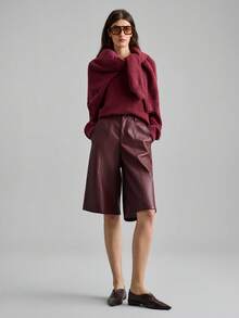 Ontre 2026 Spring/Summer New Women's PU Material Splicing Wide Leg 3/4 Pants, Urban Commute Business Casual Pants, Women's Office Elegant Outfit - Burgundy - View 2