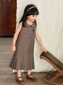 SHEIN Young Girl Girls Casual Comfortable Pleated Hem Solid Color Woven Dress - Brown - View 3