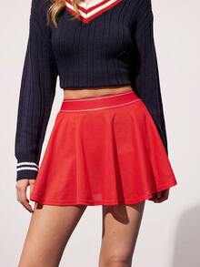 CourtClass Women's Contrast Stripe Ruffle Trim Tennis Dress, Summer Red Tennis Skirt Red Skirt Cheerleader Skirt - Red - View 1