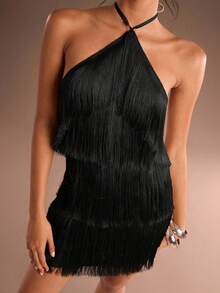 Glamine Women's Elegant Tassel Detail Halter Neck Party Dress Black Dresses For Women Black Fringe Top Fringe Dress Fringe Outfits Women Tassel Dress Black Fringe Dress - Black - View 4