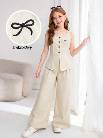 SHEIN Conjunto de 2 piezas informal y elegante para niña preadolescente, con chaleco sin mangas con botones delanteros, bordado y lazo, y pantalones rectos, color albaricoque