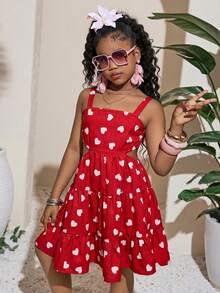 SHEIN Tween Girl Summer Vacation Style Floral Print Halter Neck Cutout Waist Sun Dress,Red Dresses - Red and White - View 4