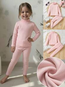 SHEIN 2件套女童休闲白色罗纹针织T恤和打底裤套装，适合室内外穿着，秋冬季 - 粉色 - 查看 1