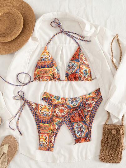Swim Vcay 针织假日派对郊游海滩数码印花新年性感沙滩裙冬季度假吊带圣诞节爆款优雅夏季女士三件套三角杯扎染比基尼泳衣