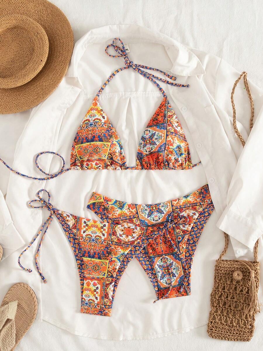 Swim Vcay 针织假日派对郊游海滩数码印花新年性感沙滩裙冬季度假吊带圣诞节爆款优雅夏季女士三件套三角杯扎染比基尼泳衣 - 彩色 - 查看 1