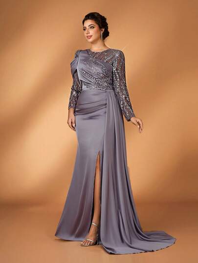 Serin 大码优雅撞色网纱串珠刺绣开衩新娘母亲礼服