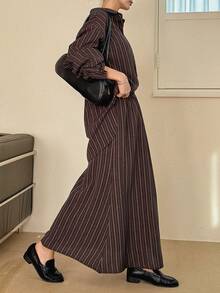 DAZY Women's Loose Fit Drop Shoulder Long Sleeve Striped Blazer Suit Set - Brown - View 5