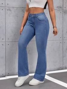 SHEIN Tall Women's Casual Flare Leg Jeans With Pockets - Blue - View 4