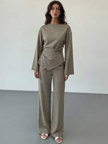 Aloruh Women's Elegant Sage Green Office Outfit: Ruched Bell Sleeve Blouse And Extra Long Straight Leg Wide Leg Pants For Autumn - Khaki - View 4