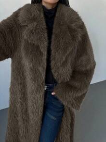 Firerie Thick Loose Oversized Faux Fur Collar Long Coat, Lined, Vintage Luxury Extra Long Jacket, Apricot Fuzzy Long Sleeve Outerwear, Apricot Faux Fur Coat, Suitable For Wedding, Party, Holiday, Spring/Autumn/Winter, Elegant, Commute, Date, Party, Graduation, Performance, Concert, Work Event - Coffee Brown - View 8