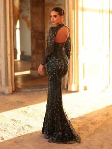 Aureia 优雅、浪漫、高贵、奢华的孔雀石绿亮片面料贴花装饰美人鱼式拖尾正式礼服，时尚、节日、假日、生日派对、婚礼、正式晚宴（奢华版）、情人节 - 墨綠色 - 查看 2
