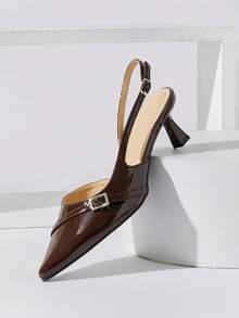 SHUZIA Women's Elegant Pointed Toe Sling-Back Strap Kitten Heel Pumps Valentine's Day - Chocolate Brown - View 1