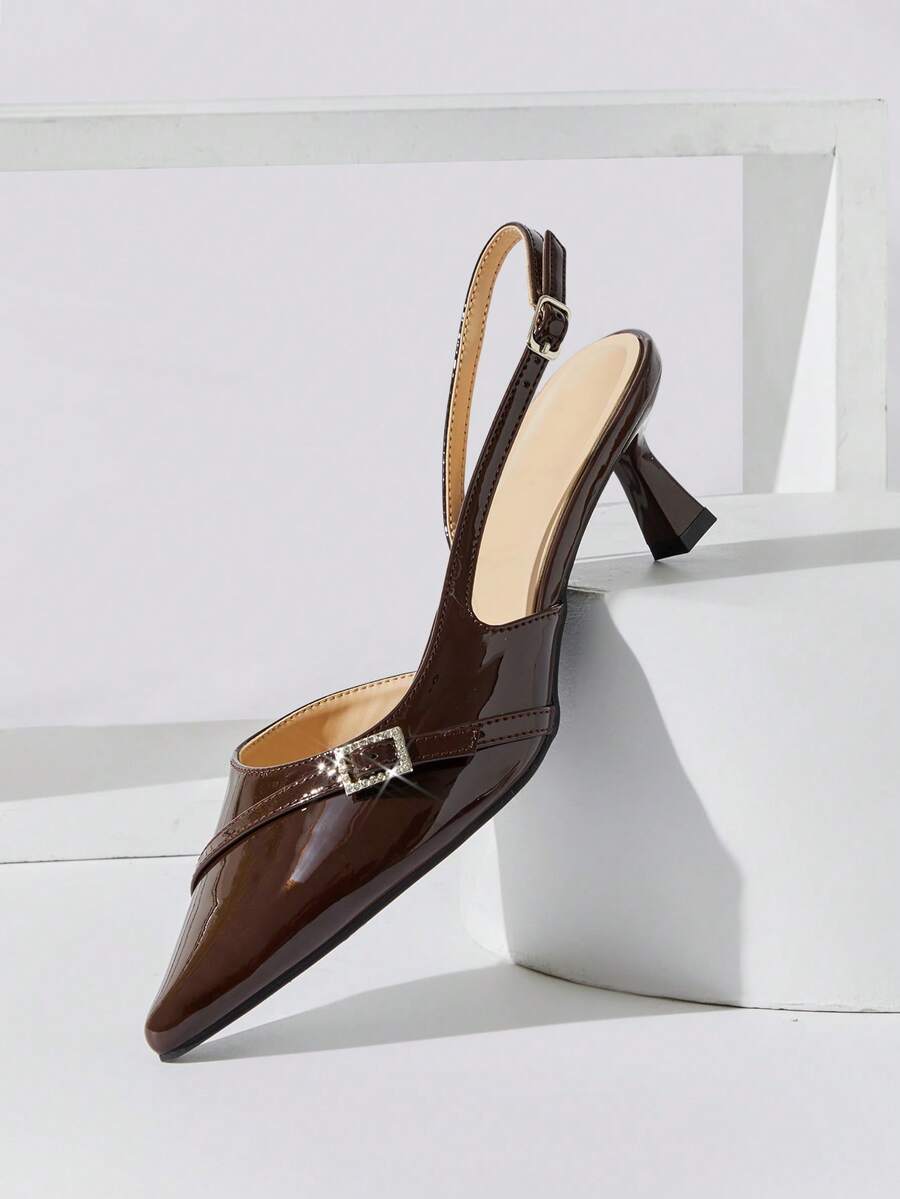 SHUZIA Women's Elegant Pointed Toe Sling-Back Strap Kitten Heel Pumps Valentine's Day - Chocolate Brown - View 1