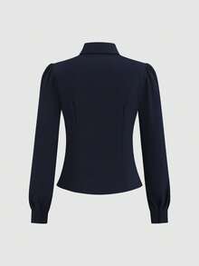 Sweetra Chemise simple à boutons devant avec nœud décoratif, couleur unie, pour femmes, automne - Bleu marine - Voir 2