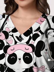 PopScrub Plus Size Summer Scrub Top, Cute Panda & Bow Cartoon Print Casual Nursing Scrub Top For Women - Multicolor - View 3