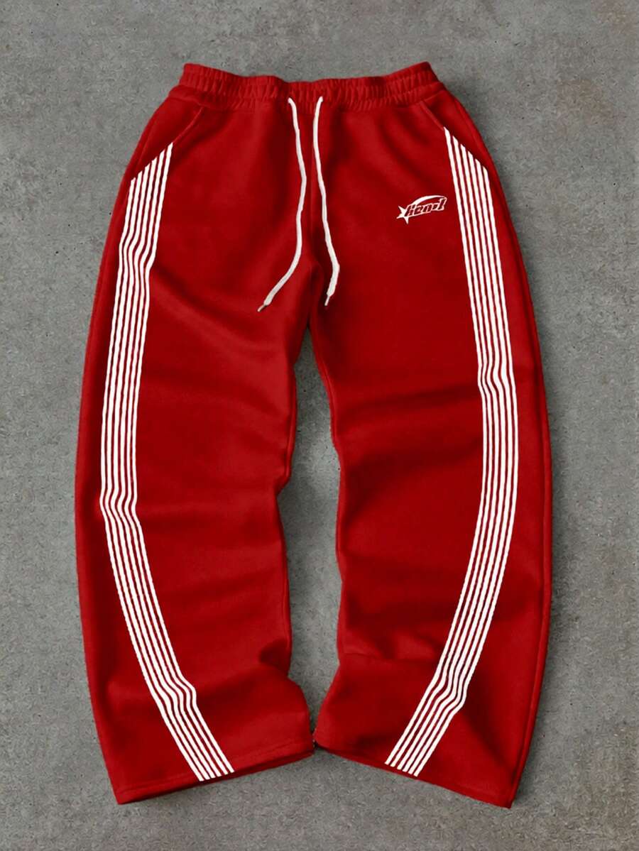 Manfinity Roghcode 宽松街头风白色弧形条纹星形印花红色直筒保暖运动裤，男士长裤 - 紅色 - 查看 1