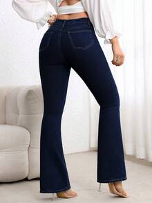 SHEIN Essnce Women's Casual Commuting Washed Bell-Bottom Jeans - Royal Blue - View 2