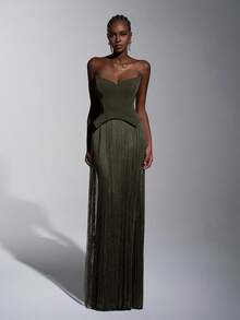 Elitara 优雅奢华性感针织亮片露肩猫领腰部流苏装饰修身连衣裙，适合晚宴、展览、商务活动等正式场合，女士晚礼服 - 軍綠色 - 查看 6