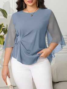 Reflora Plus Size Women's Elegant Chiffon Ruffle Sleeve Slim Fit Blouse, Spring/Summer - Dusty Blue - View 3