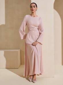 Graceveil Elegant Women's Rhinestone Embellished Ruched Crew Neck Long Sleeve Dress, Soft Pink - Pink - View 8