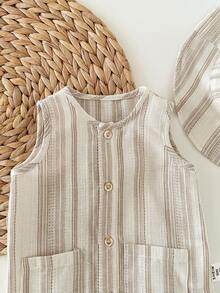 SHEIN 两件套，含赠送帽子：新生儿夏季杏色条纹圆领无袖连体衣和度假休闲渔夫帽 - 旅行必备 - 卡其色 - 查看 2