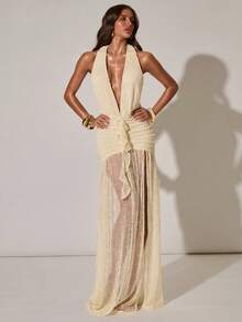 SHEIN BAE Robe décontractée de vacances à col V profond et froncée pour femmes, convenant aux vacances décontractées, aux voyages à la plage, aux fêtes, aux mariages. Robe élégante jaune - Jaune clair - Voir 5