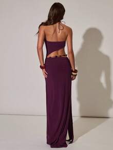SHEIN BAE Đầm nữ gợi cảm khoét lỗ, đính cườm, kiểu cổ yếm, thích hợp đi biển, đi nghỉ mát, hẹn hò, đi chơi, dự tiệc. - Màu đỏ tím - Xem 2