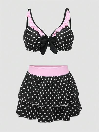 Sweetra Plus Size Women Swimsuit Set, Retro Sweet Swimsuit Set, Polka Dot Plus Size Swimsuit Set, Retro Sweet Swimsuit Set, Plus Size Swimsuit Set Skirt Bikini Set Two Piece Swimsuit Polka Dot Bikini Polka Dot Bathing Suit Skirt Swimsuit Set