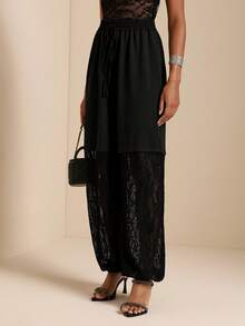 Vesra Pantalones de longitud hasta el tobillo de unicolor con encaje de contraste para mujer - Negro - Ver 5