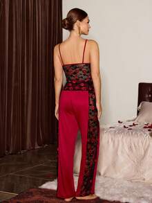 Slumberist Lace Patchwork Camisole Pajama Set Sexy 2piece Nightgown Red Sleepwear Red Night Gown Long Lingerie Dress Spaghetti Strap Night Gown - Burgundy - View 2
