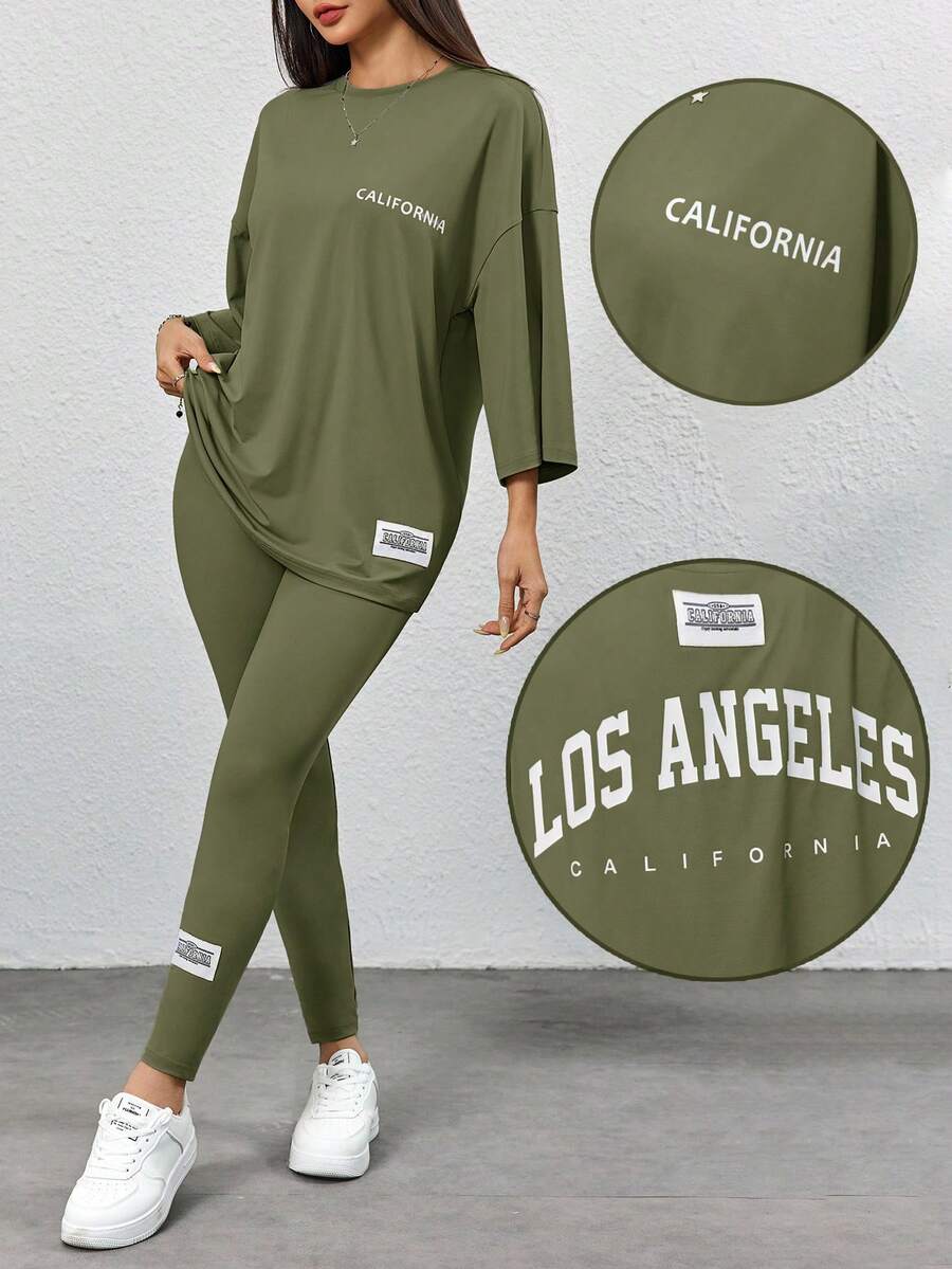 Mulvari 2pcs Women Casual Letter Print T-Shirt And Skinny Pants Set Jogger Sets For Women Comfy Sets Women 2 Piece Lounge Sets Woman 2 Piece Casual Sets Woman - Army Green - View 1