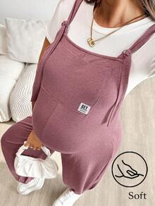 SHEIN Maternity Casual Versatile Combo Jumpsuit With Lettering - Summer Clothing, Maternity Jumpsuit, Maternity Wear - Pink Maternity Rompers Pregnancy Clothes Cotton Maternity Clothes Maternity Overalls Post Partum Clothes