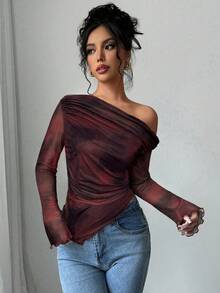 Firerie Áo thun nữ dài tay trễ vai ôm dáng, nhuộm tie-dye họa tiết hoa, tối giản và thời trang, phù hợp mặc hàng ngày, áo dài tay lưới họa tiết hoa, trang phục mùa xuân/hè/thu, thanh lịch, đi làm, thường ngày, tối giản, trang phục công sở. - Màu Đỏ Sâu - Xem 4