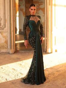 Aureia 优雅、浪漫、高贵、奢华的孔雀石绿亮片面料贴花装饰美人鱼式拖尾正式礼服，时尚、节日、假日、生日派对、婚礼、正式晚宴（奢华版）、情人节 - 墨綠色 - 查看 5