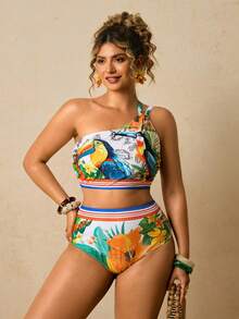Travachic 大码热带印花镂空露背比基尼套装，休闲海滩度假夏季 - 彩色 - 查看 4