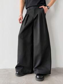 Claim Dot 男士水钻装饰斜插口袋褶皱宽松纯色长裤 - 黑色 - 查看 6