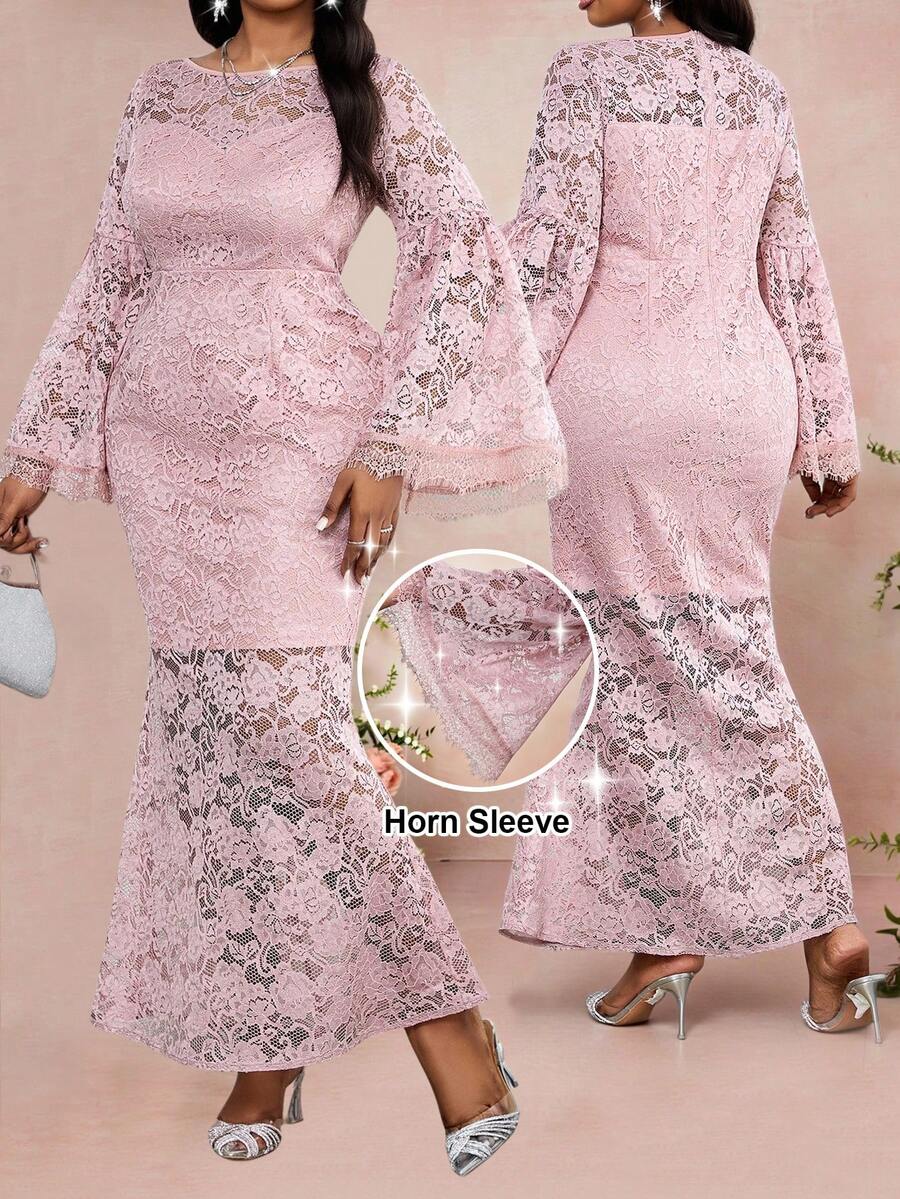 SHEIN Lady Plus Size Women Floral Lace Flared Sleeve Fishtail Hem Elegant Dress Elegant Dresses Lace Pattern Dress Elegant Woman Clothing Elegant Solid Color Dress Elegant Casual Dresses Pink Dress Formal Dresses For Women Christmas Dresses For Women - Pink - View 1