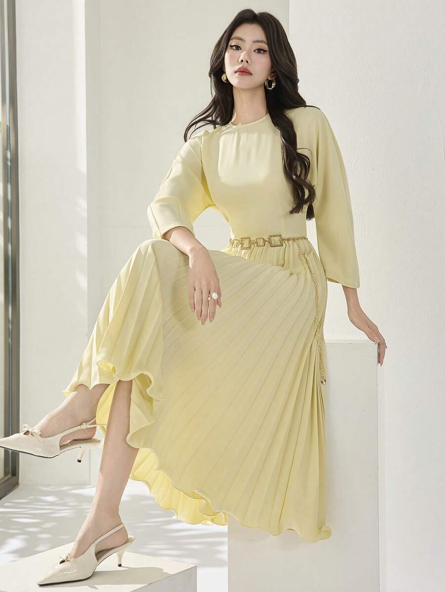 Heiryn Đầm nữ thanh lịch, màu trơn, xếp ly, dài đến đầu gối. - Màu vàng - Xem 1