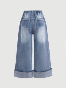 Girlism Jeans de mezclilla azul holgados y con puños para adolescentes - Lavado ligero - Ver 5