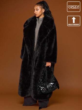 COUREZ Extreme Oversized Faux Fur Longline Coat /Y2K Coats For Women Night Out Winter For Women Party Black Coat New Years