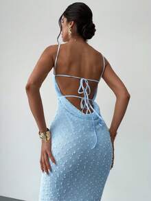 Firerie 女士杏色纹理 Mina 垂褶领露背系带腰身性感优雅连衣裙，适合春夏、海滩、通勤、优雅、性感、度假、海滩、波西米亚风、夏威夷、约会、派对、音乐会、演出、婚礼季、音乐节、毕业典礼、舞会等场合。 - 淺藍色 - 查看 7