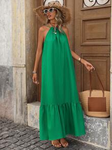 Brillora Women's Casual Green Smock Halter Maxi Dress With Frill Hem Sleeveless Design Green Beach Dress Women Vacation Dress Green Summer Dress Women - Green - View 7
